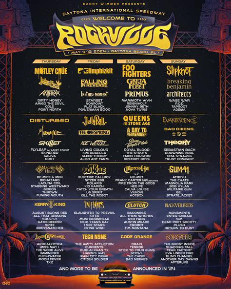 Rockville 2024 - Nov 8, 2023 · Welcome to Rockville has unveiled its 2024 lineup, and the four-day Florida festival is stacked with headliners Mötley Crüe, Limp Bizkit, Foo Fighters, and Slipknot, plus Disturbed, Mr. Bungle, Queens of the Stone Age, Judas Priest, Evanescence, Slayer guitarist Kerry King’s new eponymous project, and dozens more acts. 